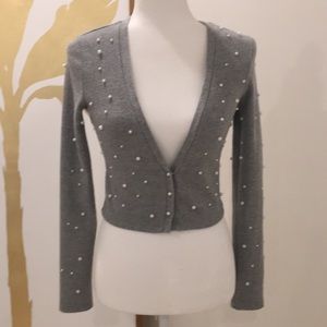 Soft-Touch Cropped Cardigan with Faux Pearls